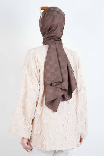 Tesettür Ceket Püskül Jakarlı Önden Bağlamalı Kimono Ceket Krem - 4