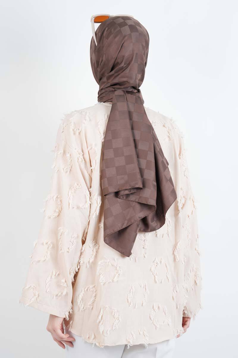 Tesettür Ceket Püskül Jakarlı Önden Bağlamalı Kimono Ceket Krem - 4