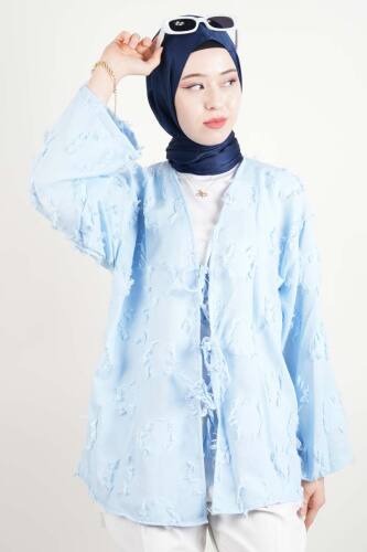 Tesettür Ceket Püskül Jakarlı Önden Bağlamalı Kimono Ceket Mavi 