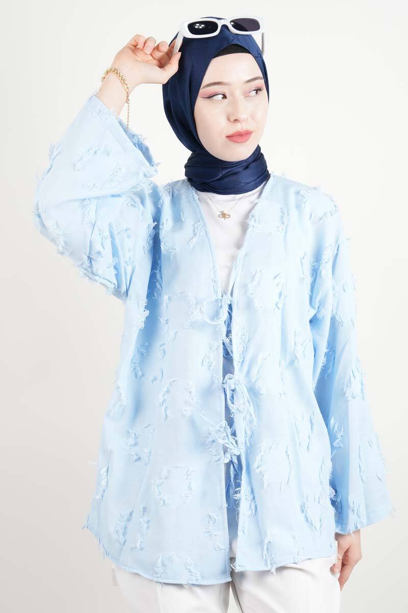 Tesettür Ceket Püskül Jakarlı Önden Bağlamalı Kimono Ceket Mavi - 1