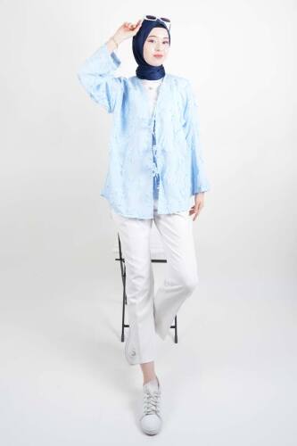 Tesettür Ceket Püskül Jakarlı Önden Bağlamalı Kimono Ceket Mavi - 2