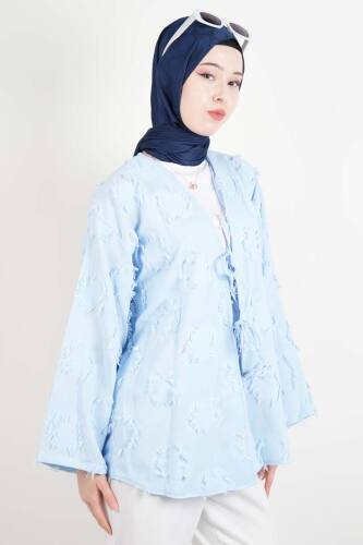 Tesettür Ceket Püskül Jakarlı Önden Bağlamalı Kimono Ceket Mavi - 3