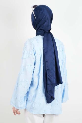 Tesettür Ceket Püskül Jakarlı Önden Bağlamalı Kimono Ceket Mavi - 4