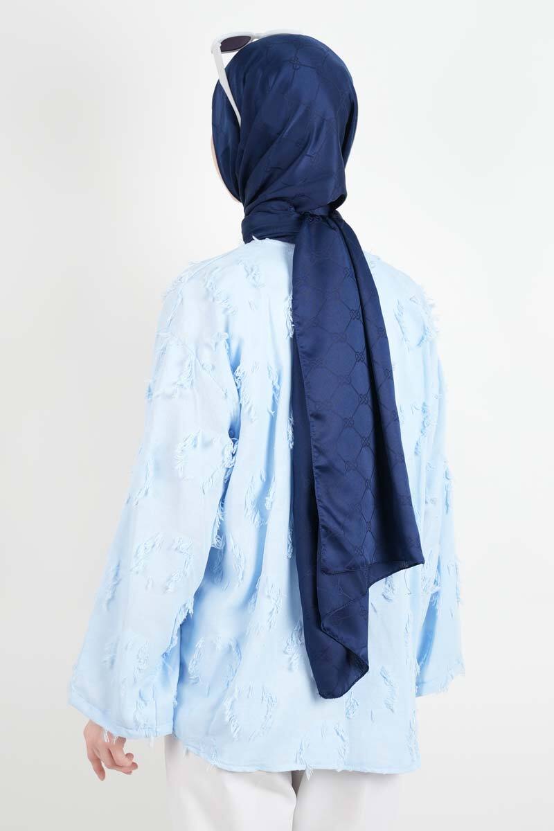 Tesettür Ceket Püskül Jakarlı Önden Bağlamalı Kimono Ceket Mavi - 4