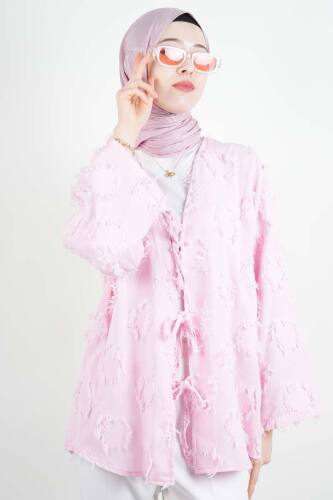 Tesettür Ceket Püskül Jakarlı Önden Bağlamalı Kimono Ceket Pudra 