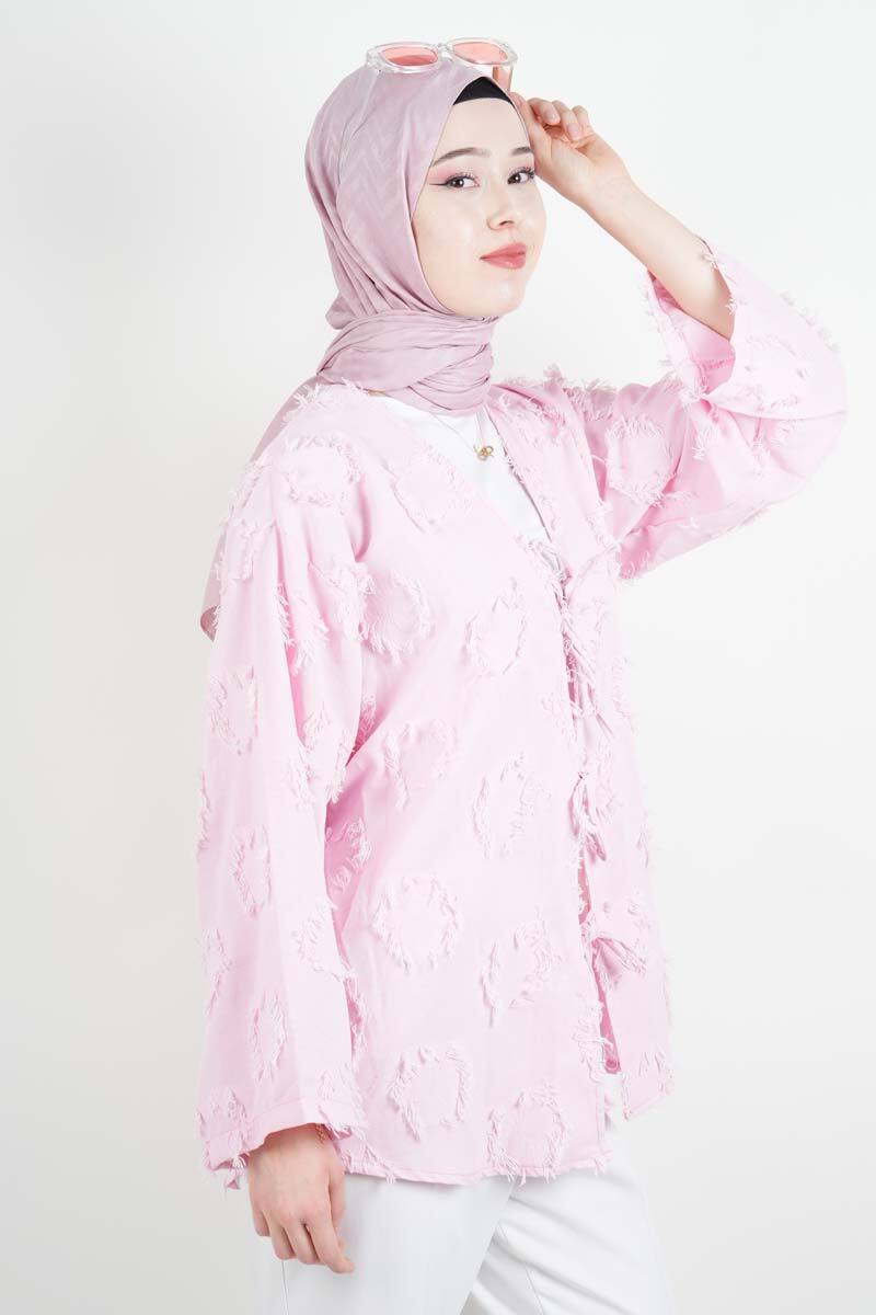 Tesettür Ceket Püskül Jakarlı Önden Bağlamalı Kimono Ceket Pudra - 3