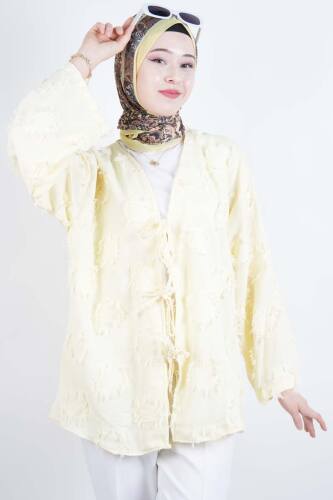 Tesettür Ceket Püskül Jakarlı Önden Bağlamalı Kimono Ceket Sarı 
