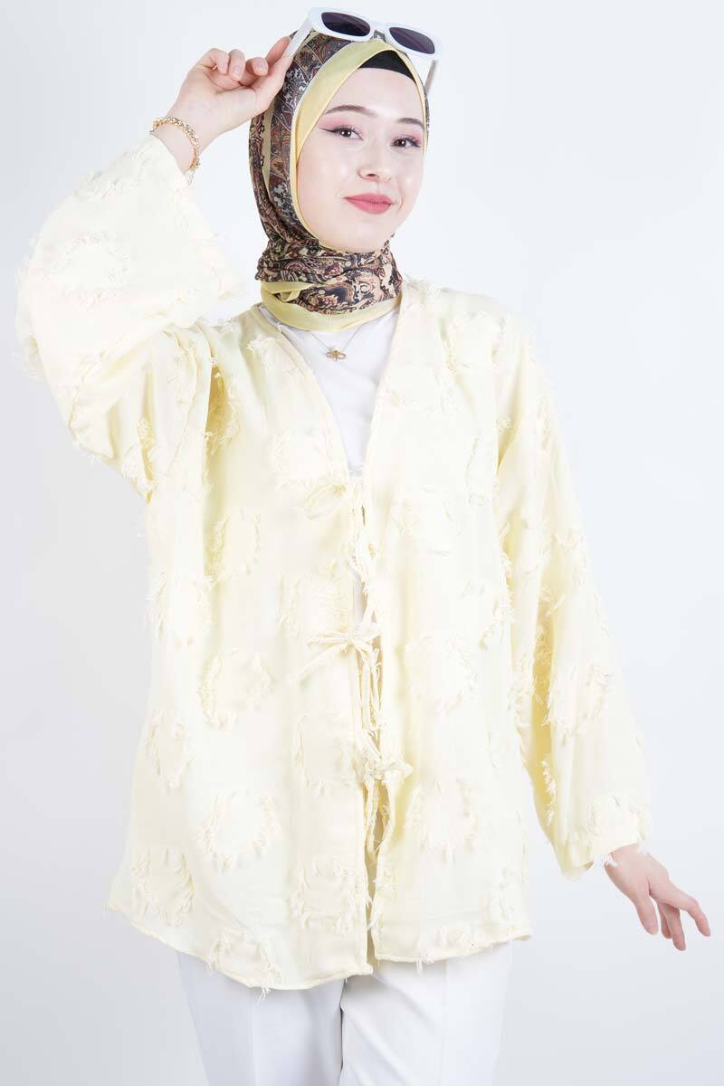 Tesettür Ceket Püskül Jakarlı Önden Bağlamalı Kimono Ceket Sarı - 1