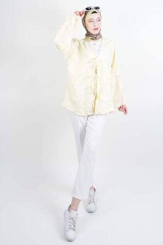 Tesettür Ceket Püskül Jakarlı Önden Bağlamalı Kimono Ceket Sarı - 2