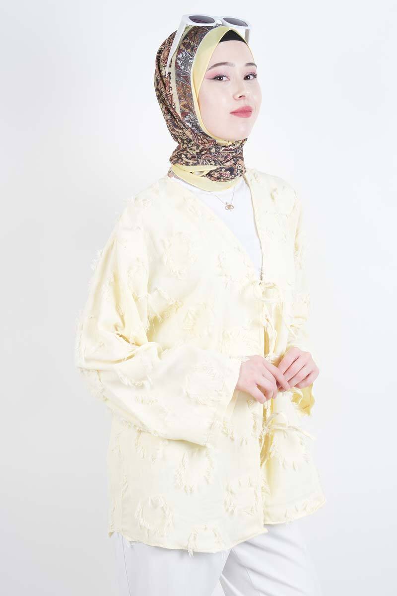 Tesettür Ceket Püskül Jakarlı Önden Bağlamalı Kimono Ceket Sarı - 3