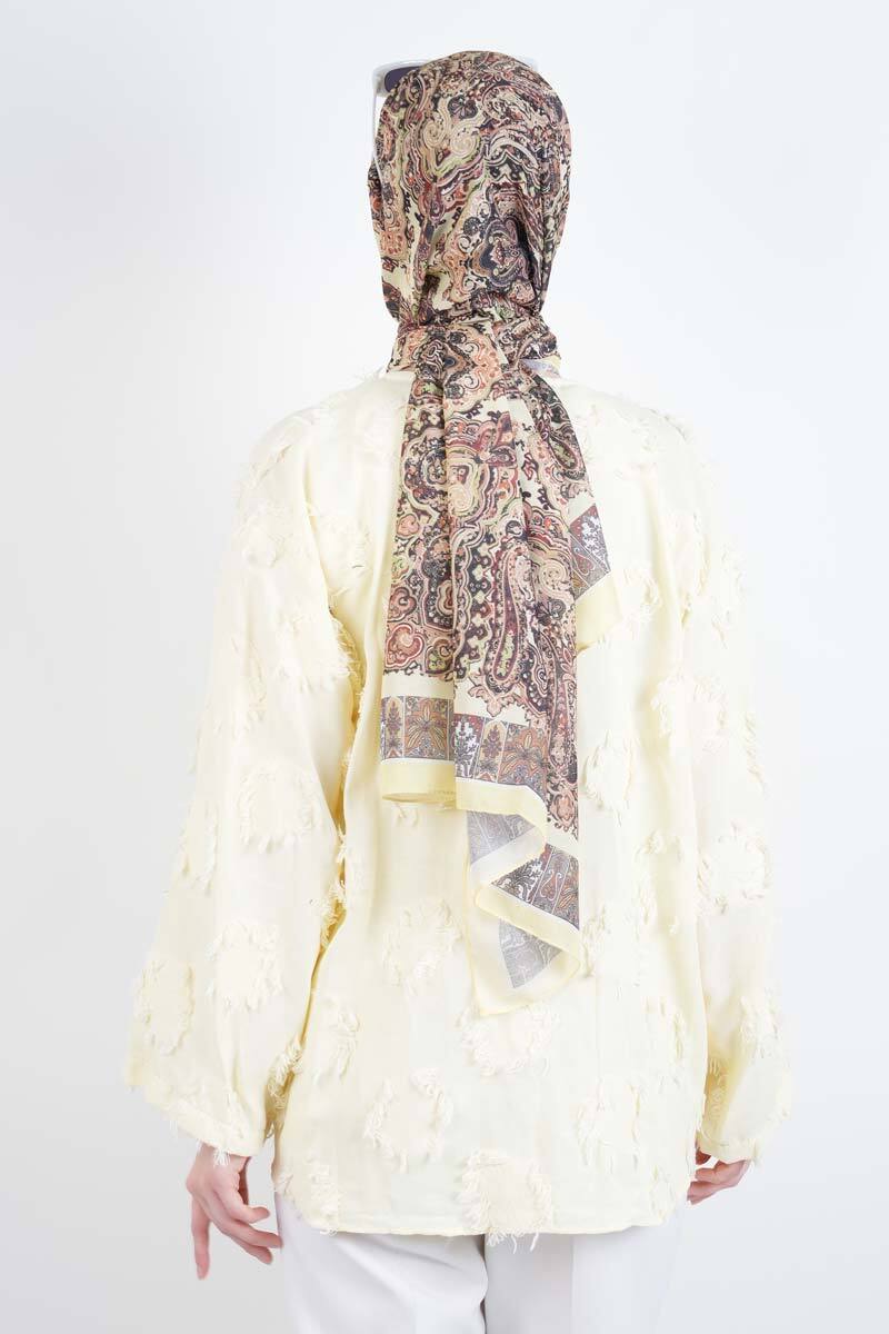 Tesettür Ceket Püskül Jakarlı Önden Bağlamalı Kimono Ceket Sarı - 4