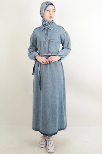 Tesettür Denim Elbise Tek Cep Yakalı Elbise Açık Mavi - 1