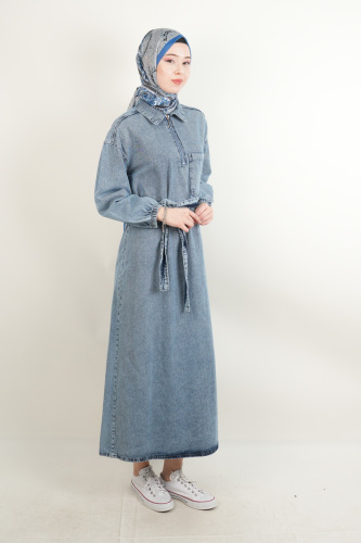 Tesettür Denim Elbise Tek Cep Yakalı Elbise Açık Mavi - 2