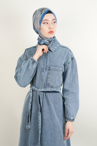 Tesettür Denim Elbise Tek Cep Yakalı Elbise Açık Mavi - 3