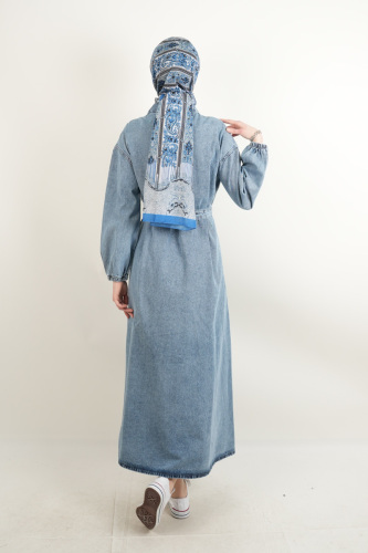 Tesettür Denim Elbise Tek Cep Yakalı Elbise Açık Mavi - 4