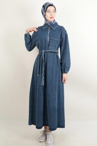 Tesettür Denim Elbise Tek Cep Yakalı Elbise Koyu Mavi 
