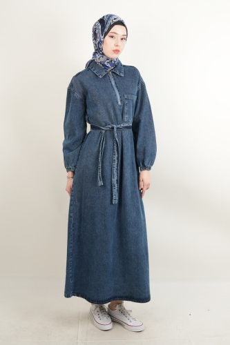 Tesettür Denim Elbise Tek Cep Yakalı Elbise Koyu Mavi - 2