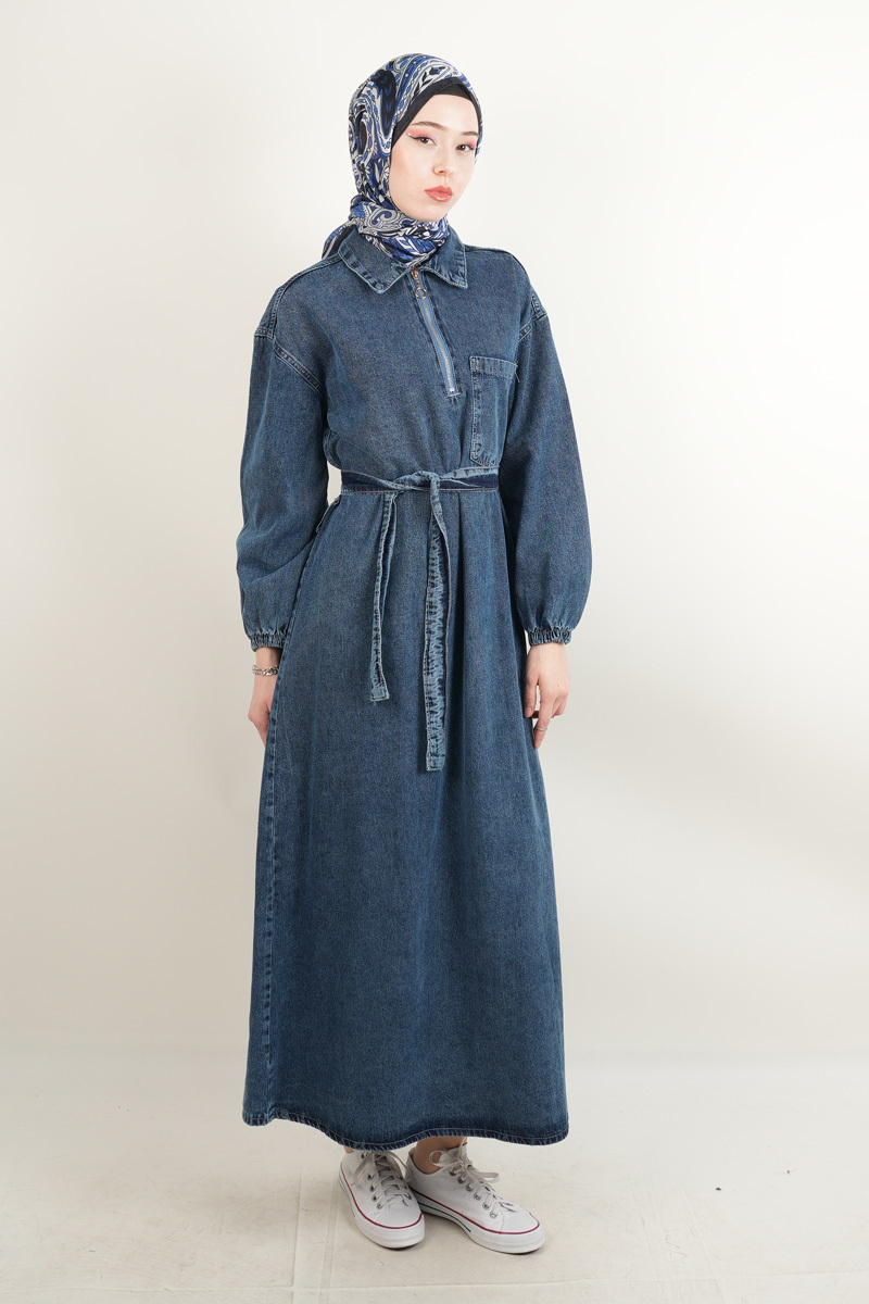 Tesettür Denim Elbise Tek Cep Yakalı Elbise Koyu Mavi - 2