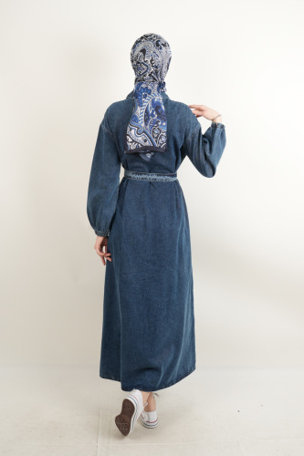 Tesettür Denim Elbise Tek Cep Yakalı Elbise Koyu Mavi - 3