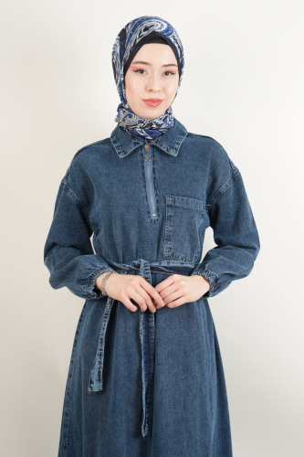 Tesettür Denim Elbise Tek Cep Yakalı Elbise Koyu Mavi - 4