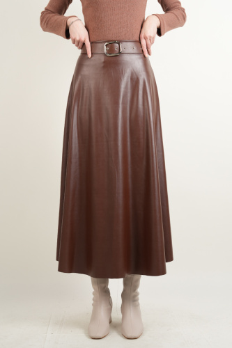 Tesettür Deri Etek Çan Etek Acı Kahverengi - 03Kız Kulesi Teks