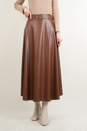 Tesettür Deri Etek Çan Etek Taba - 03Kız Kulesi Teks