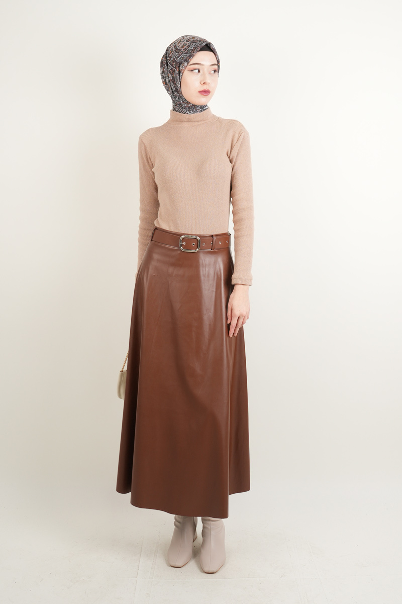 Tesettür Deri Etek Çan Etek Taba - 2