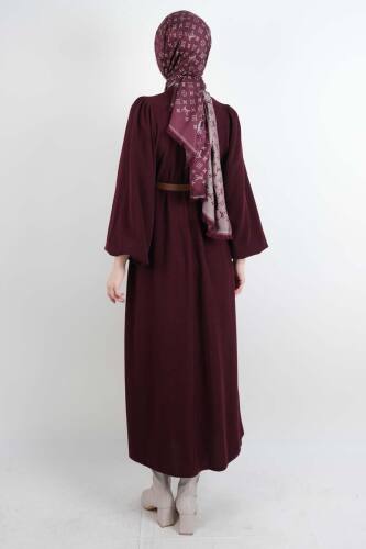 Tesettür Elbise Balon Kol Kemerli Selanik Elbise Bordo - 3