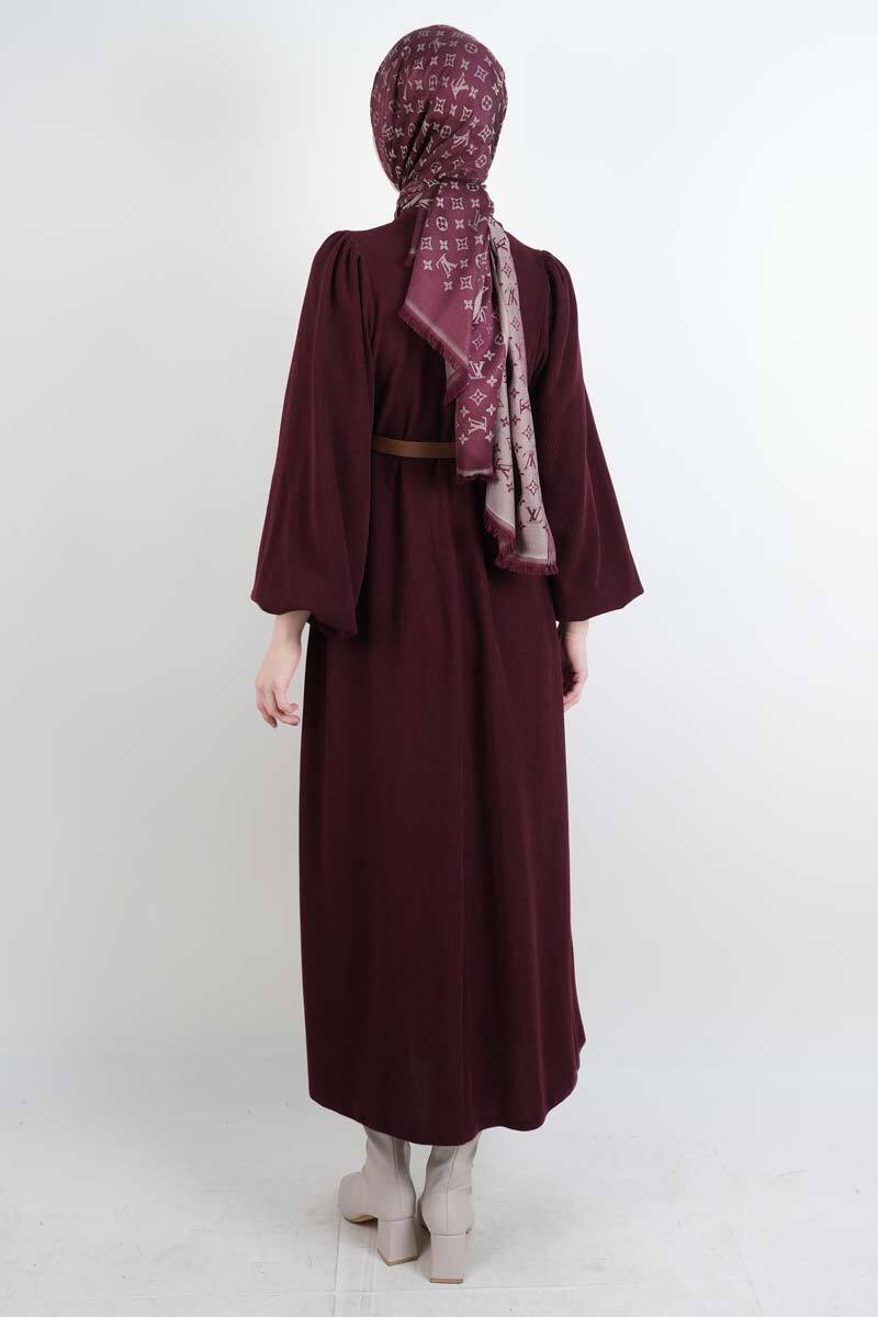Tesettür Elbise Balon Kol Kemerli Selanik Elbise Bordo - 3