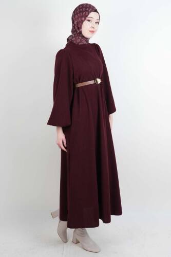 Tesettür Elbise Balon Kol Kemerli Selanik Elbise Bordo - 03Kız Kulesi Teks (1)