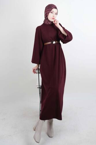 Tesettür Elbise Balon Kol Kemerli Selanik Elbise Bordo - 1