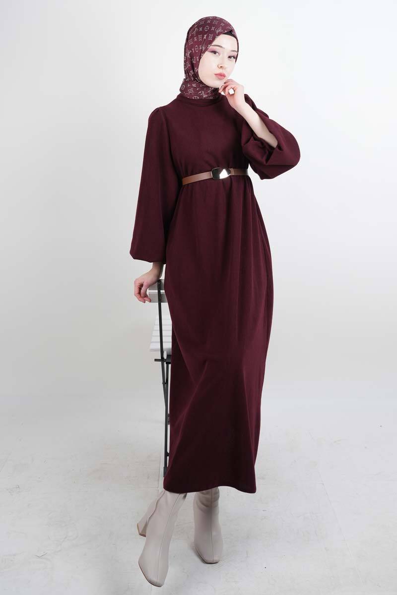Tesettür Elbise Balon Kol Kemerli Selanik Elbise Bordo - 1