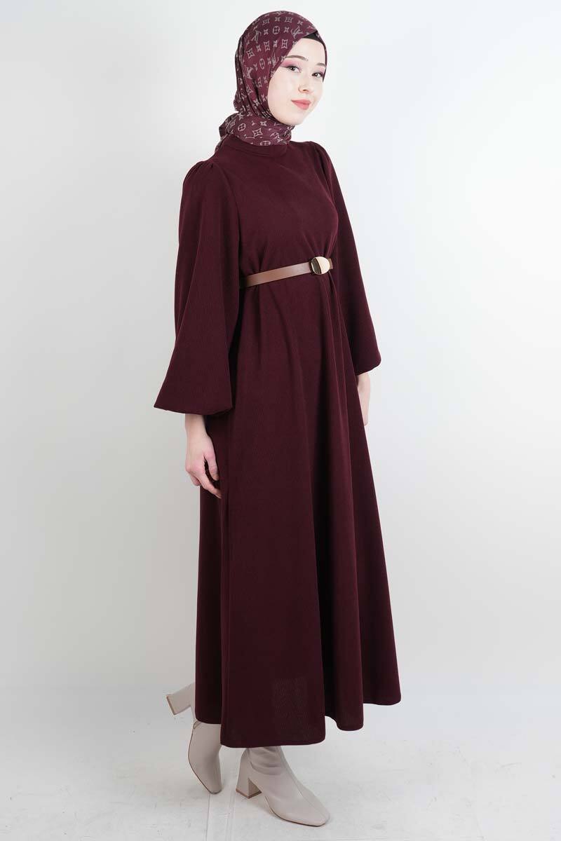 Tesettür Elbise Balon Kol Kemerli Selanik Elbise Bordo - 2