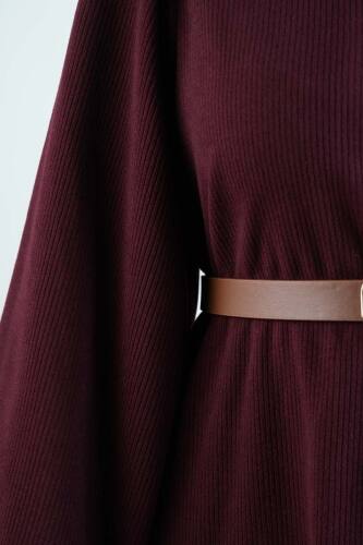 Tesettür Elbise Balon Kol Kemerli Selanik Elbise Bordo - 4