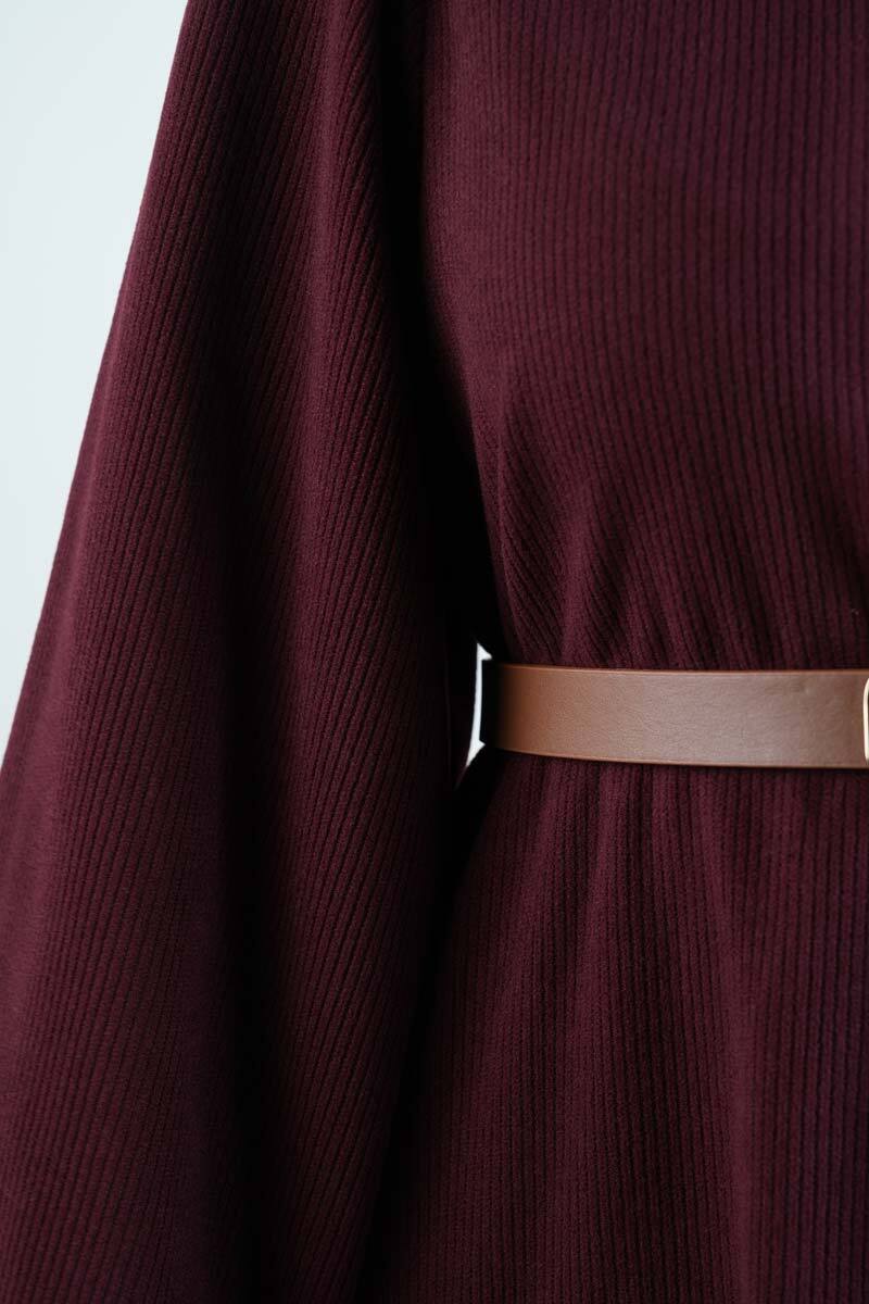 Tesettür Elbise Balon Kol Kemerli Selanik Elbise Bordo - 4