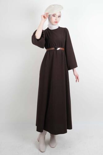 Tesettür Elbise Balon Kol Kemerli Selanik Elbise Kahverengi - 03Kız Kulesi Teks