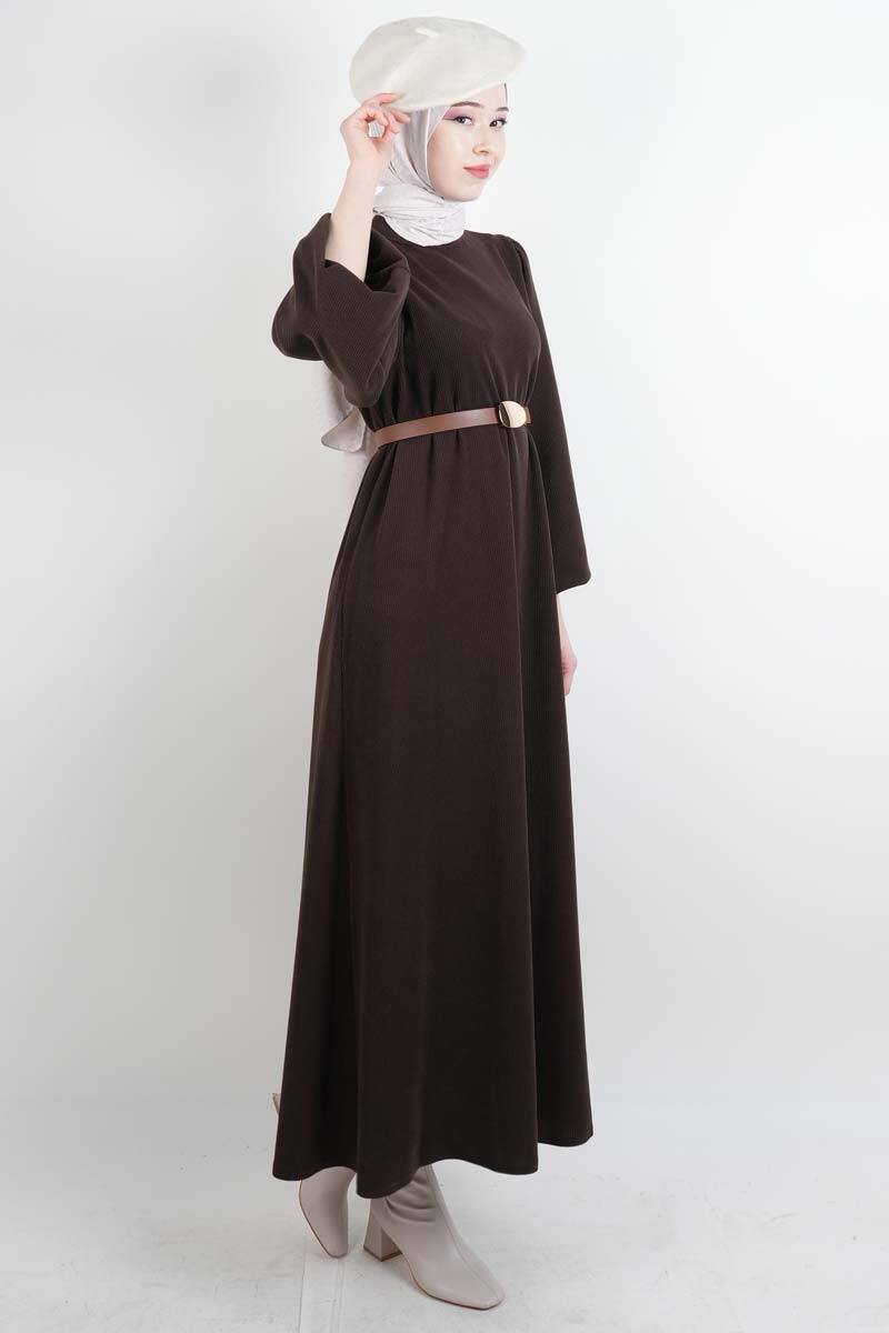 Tesettür Elbise Balon Kol Kemerli Selanik Elbise Kahverengi - 2
