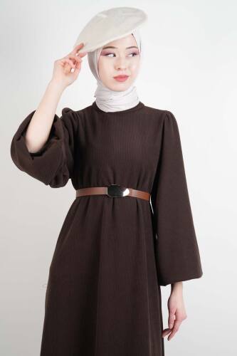 Tesettür Elbise Balon Kol Kemerli Selanik Elbise Kahverengi - 4
