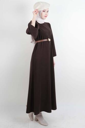 Tesettür Elbise Balon Kol Kemerli Selanik Elbise Kahverengi - 2