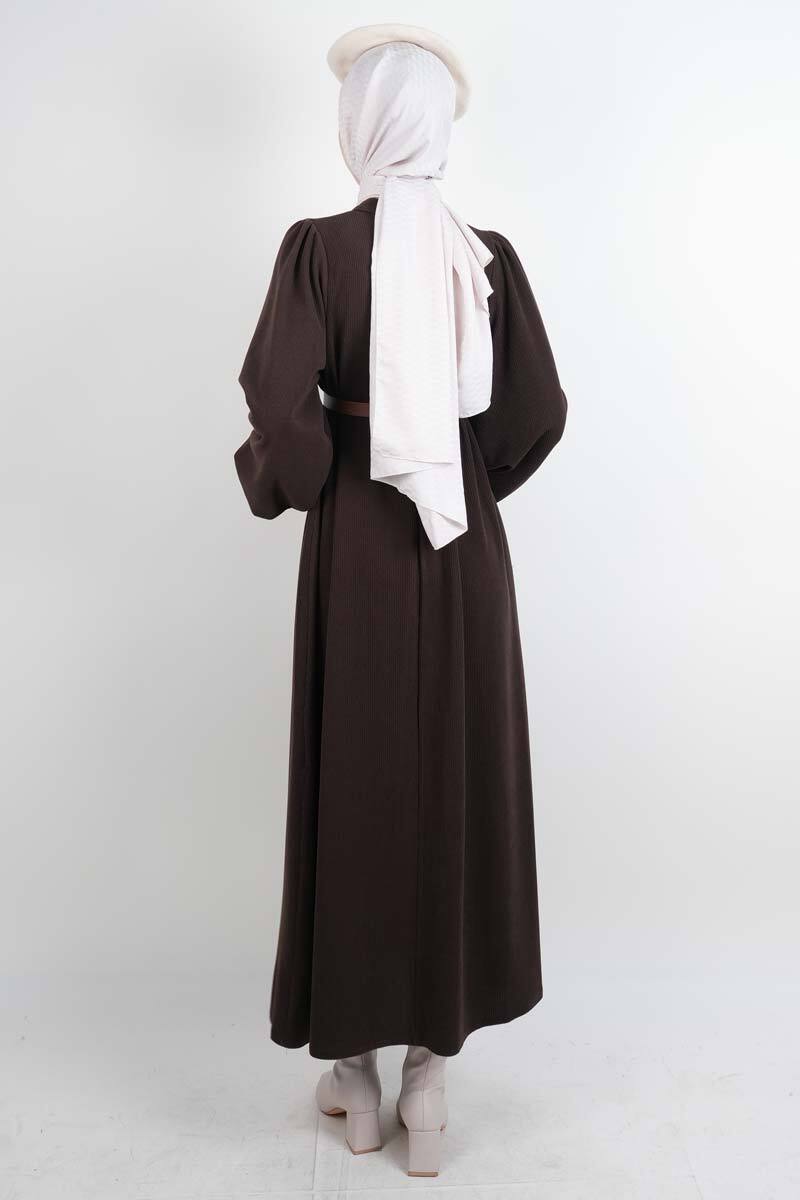 Tesettür Elbise Balon Kol Kemerli Selanik Elbise Kahverengi - 3