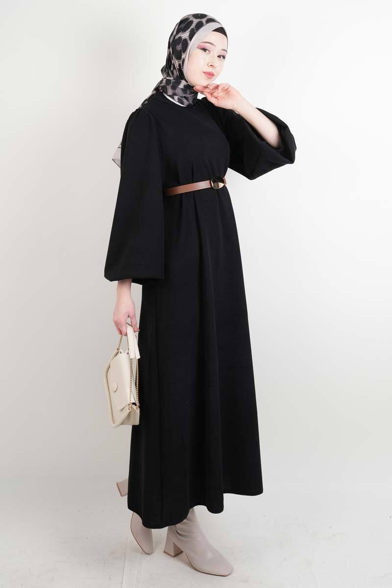 Tesettür Elbise Balon Kol Kemerli Selanik Elbise Siyah - 2