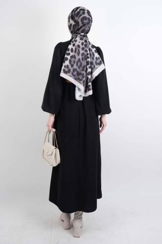 Tesettür Elbise Balon Kol Kemerli Selanik Elbise Siyah - 3