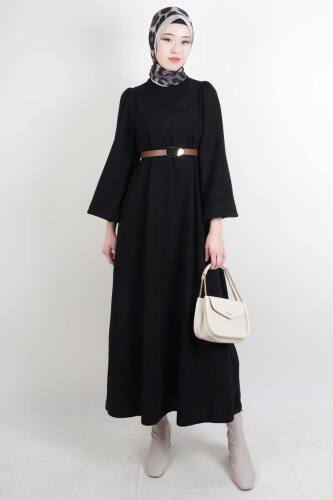 Tesettür Elbise Balon Kol Kemerli Selanik Elbise Siyah 