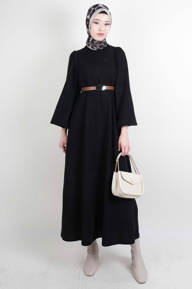 Tesettür Elbise Balon Kol Kemerli Selanik Elbise Siyah - 1