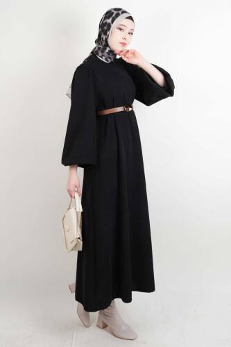 Tesettür Elbise Balon Kol Kemerli Selanik Elbise Siyah - 2