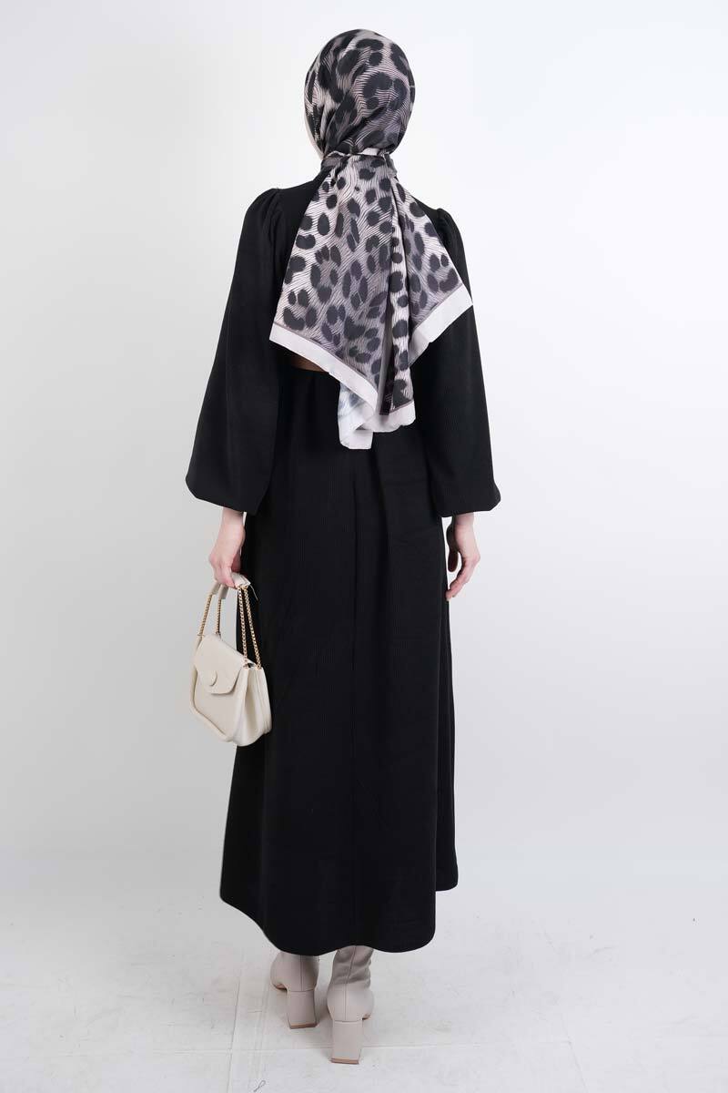 Tesettür Elbise Balon Kol Kemerli Selanik Elbise Siyah - 3