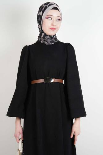 Tesettür Elbise Balon Kol Kemerli Selanik Elbise Siyah - 4