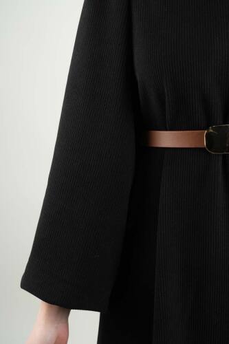 Tesettür Elbise Balon Kol Kemerli Selanik Elbise Siyah - 5