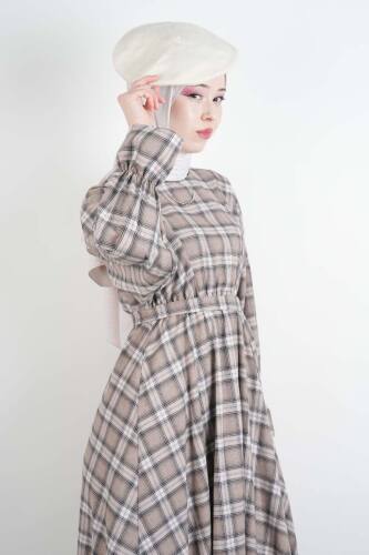 Tesettür Elbise Bel Lastikli Fırfır Kol Ekose Elbise Krem - 03Kız Kulesi Teks (1)