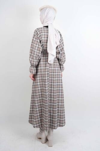 Tesettür Elbise Bel Lastikli Fırfır Kol Ekose Elbise Krem - 3